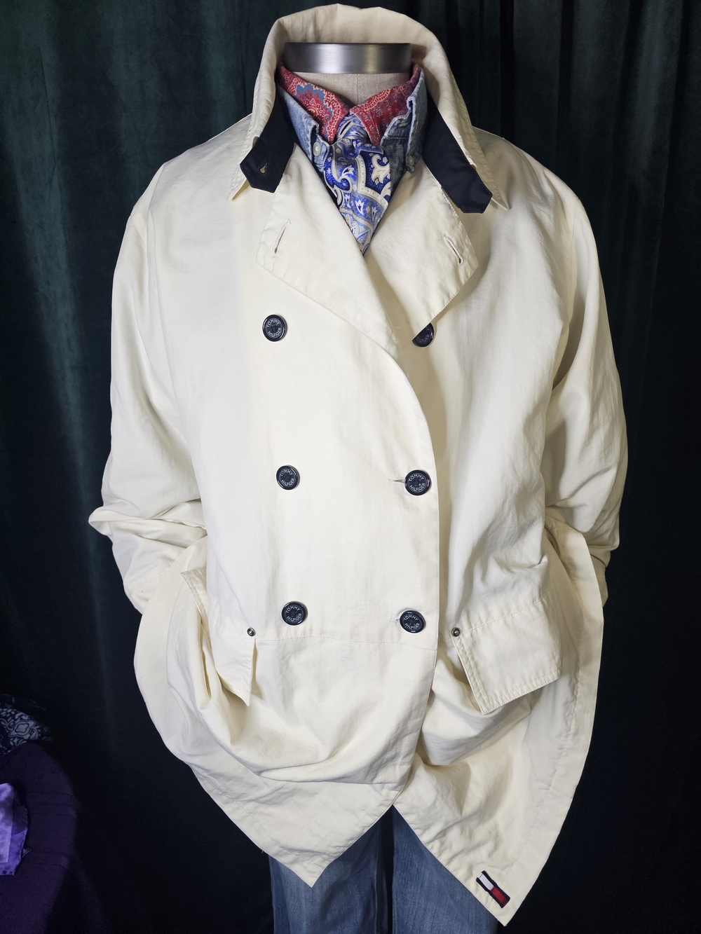 Vintage Tommy Hilfiger Men's Light Cream Double-Breasted Lightweight Jacket